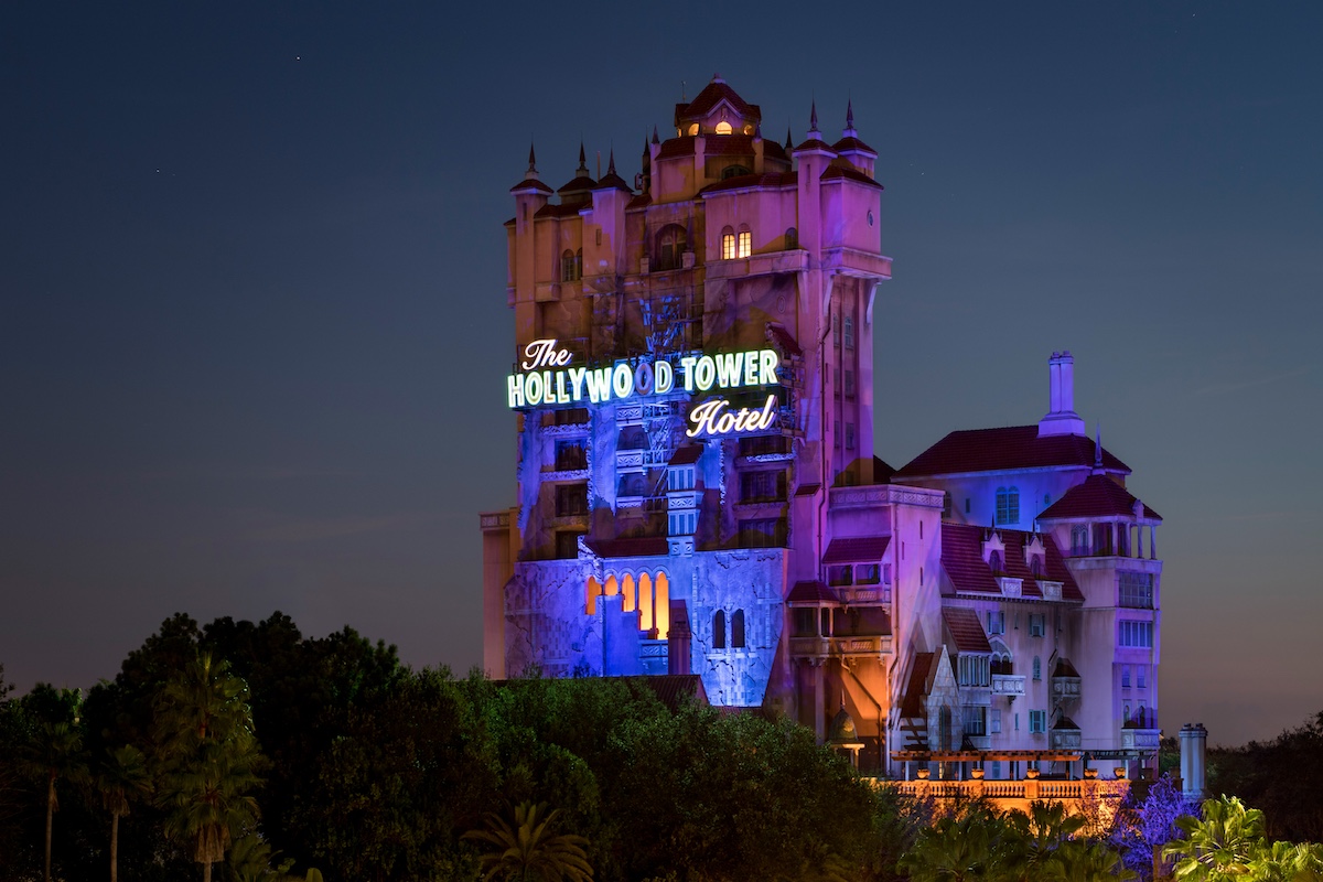 the nightime view of the hollywood tower of terror building at hollywood studios