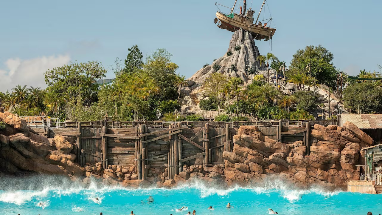 fake decayed washed up ship with water below at Disney's Typhoon Lagoon