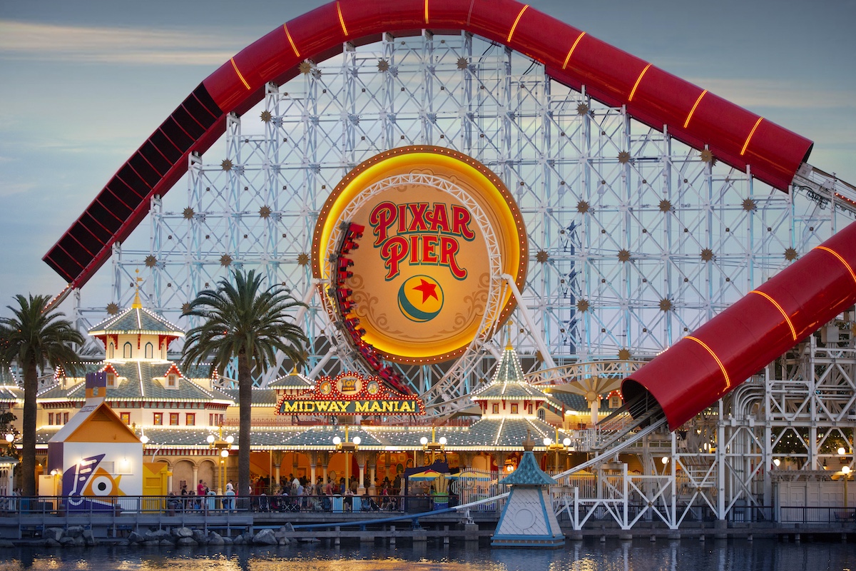 wideshot of pixar pier at Disney California Adventure showing multiple attractions and activities