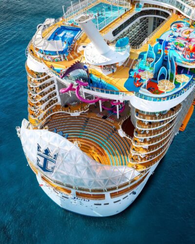 the stern part of a royal caribbean ship, showing features such as pools, water slides, and other activities