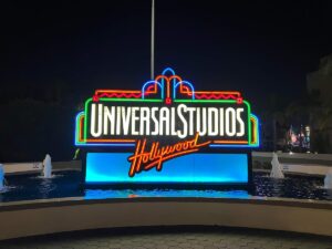 the large neon entrance sign for Universal Studios Hollywood