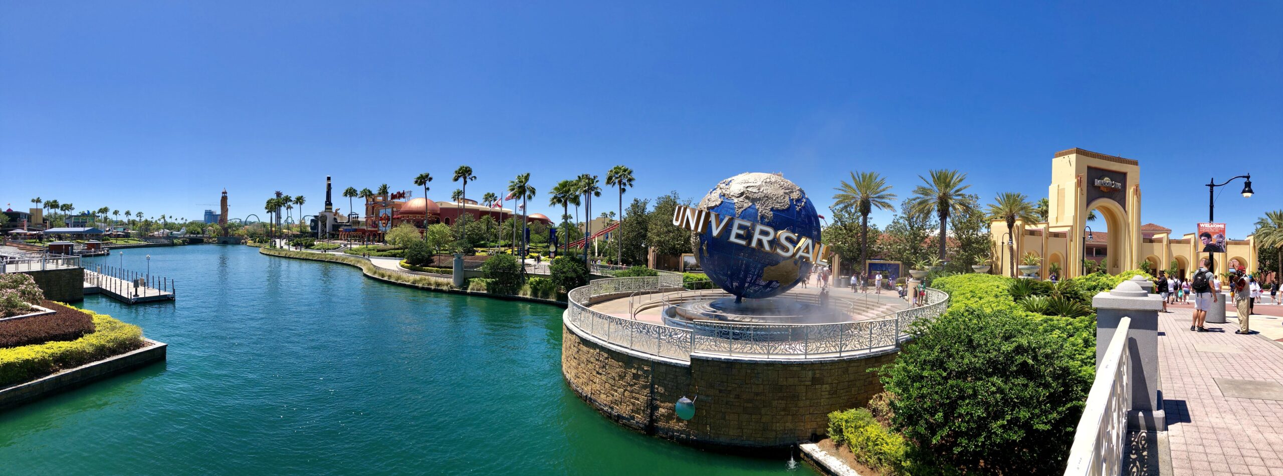 panoramic view of the hub connecting Citywalk, Universal Studios, and Islands of adventure with multiple buildings and icons
