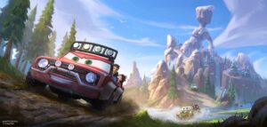 concept art of a cars attraction for the upcoming land at magic kingdom