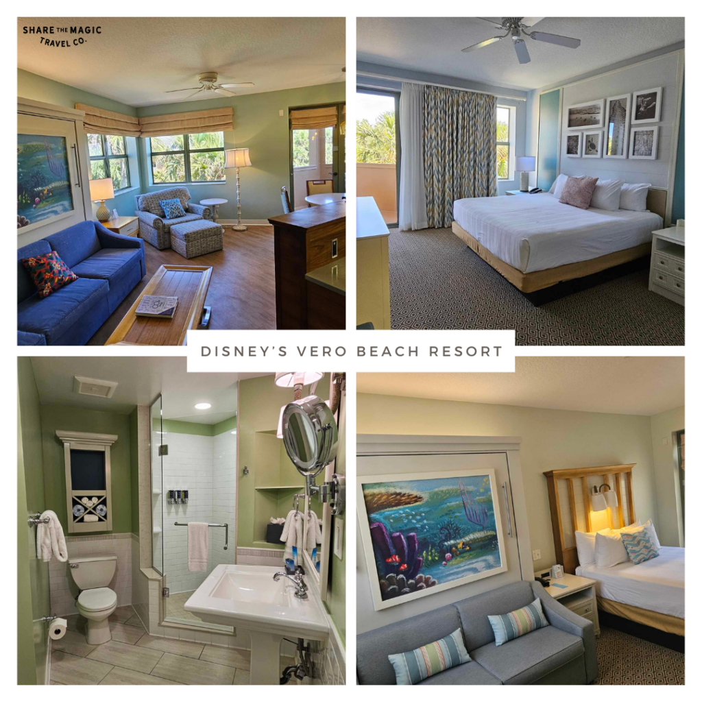 a four picture collage of what the layout of a room at Disney's Vero Beach Resort looks like